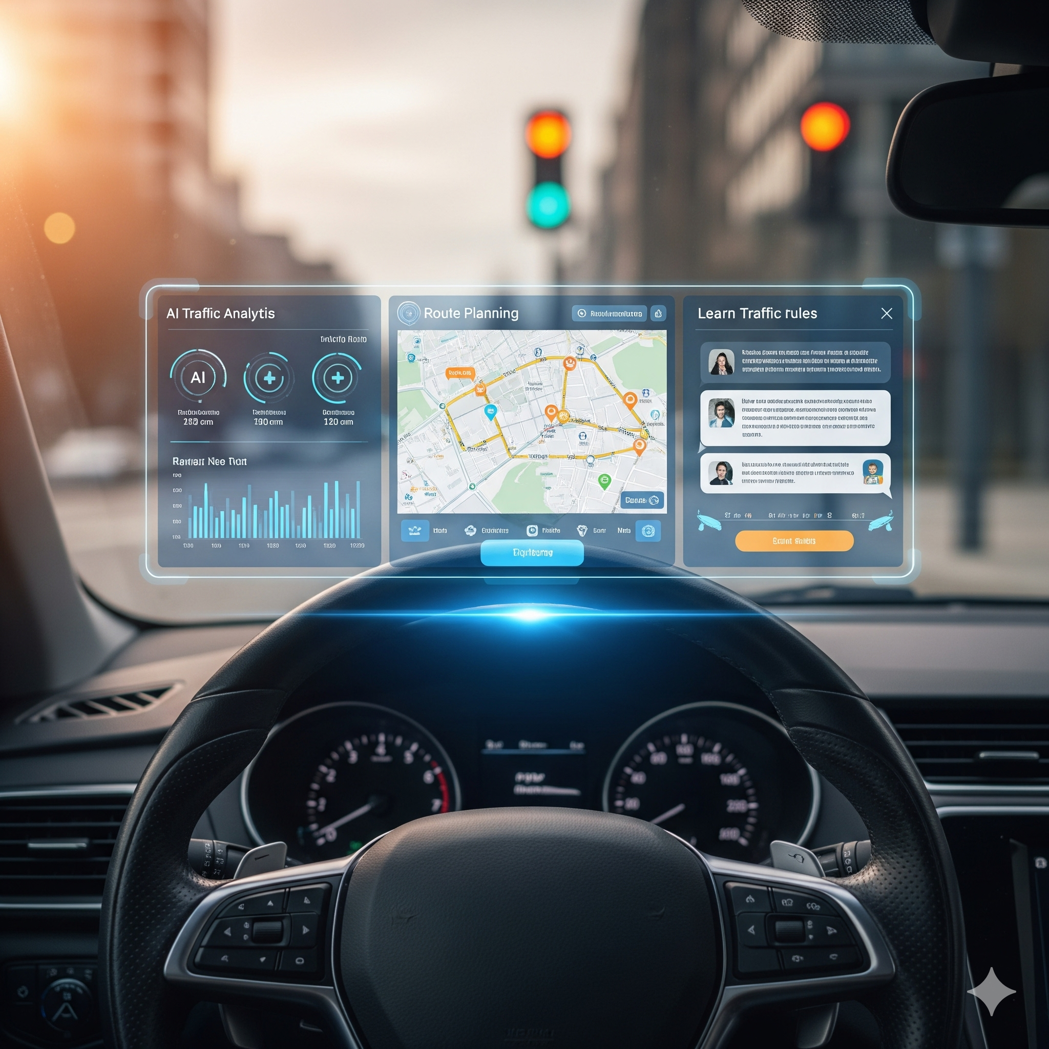 Cockpit-Ansicht eines modernen Autos mit futuristischem Hologramm-Display, das KI-gestützte Verkehrsanalysen und Lernhilfen für Fahrschüler anzeigt.